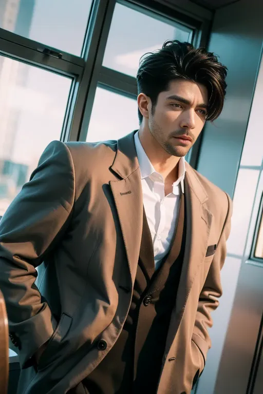 handsome male,solitary,muscle,set,feather coat,hook of holland,low angle,empty office