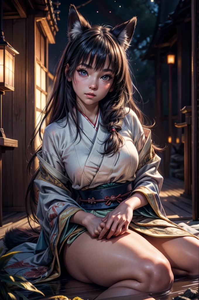 realistic, analog photo, Masterpiece, RAW photo, full-length portrait, hyper realistic, ultra detailed image, Kizune, (mythical Creature of Japanese Mythology And Folklore), detailed portrait of anthropomorphic she-fox, with fox tail, in traditional japan garden, moonlight, little spotlight, fractal, cover, detailed background, depth of field, HOF, hall of fame, detailed beautiful eyes, detailed beautiful face, natural body posture, lifelike skin texture, kodak portra 400, 16k, ultra detailed, bokeh lighting, dark fantasy atmospheric, fantasy aura, film grain, cinematic light, cinematic composition, depth of field, rim light