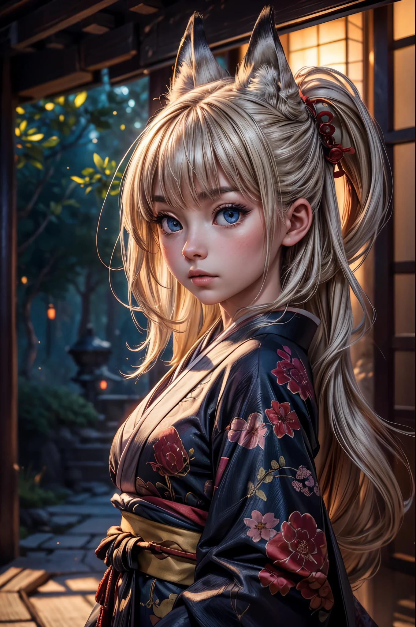 realistic, analog photo, Masterpiece, RAW photo, full-length portrait, hyper realistic, ultra detailed image, Kizune, (mythical Creature of Japanese Mythology And Folklore), detailed portrait of anthropomorphic she-fox, with fox tail, in traditional japan garden, moonlight, little spotlight, fractal, cover, detailed background, depth of field, HOF, hall of fame, detailed beautiful eyes, detailed beautiful face, natural body posture, lifelike skin texture, kodak portra 400, 16k, ultra detailed, bokeh lighting, dark fantasy atmospheric, fantasy aura, film grain, cinematic light, cinematic composition, depth of field, rim light