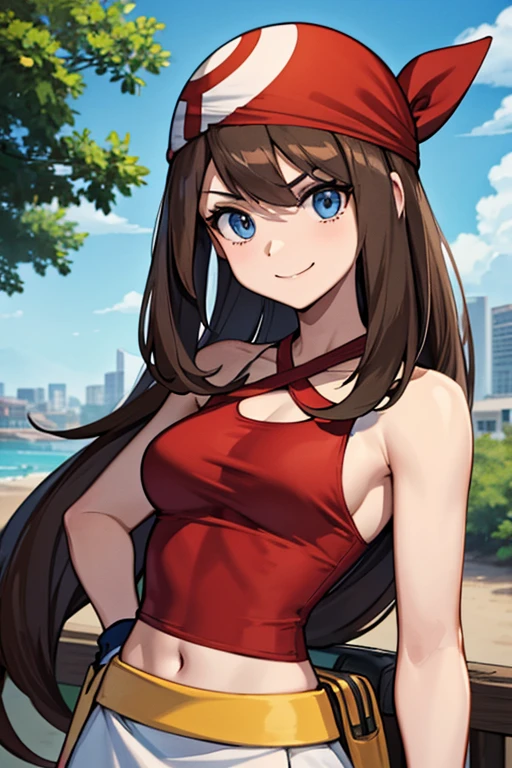 adult_may_from_pokemon, (red_high_neck_halter_top | bare shoulders | neckholder), (red_bandana), (short_white_skirt), small_midriff, (long wavy hair | very long hair | brown hair), (one_yellow_fanny_pack_on_left_side), gloves, blue eyes, motivated, evil, villain, challenging_smile, nature, town, skinny, female, high resolution, 8k, cowboy shot