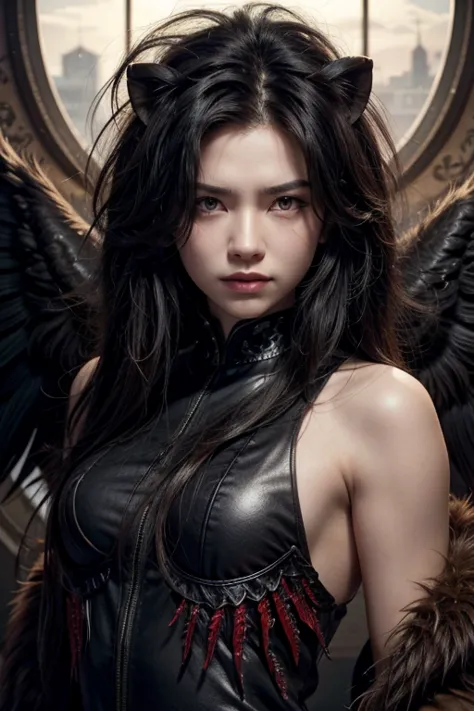 a lion, black hair, red eyes, wings, very monstrous