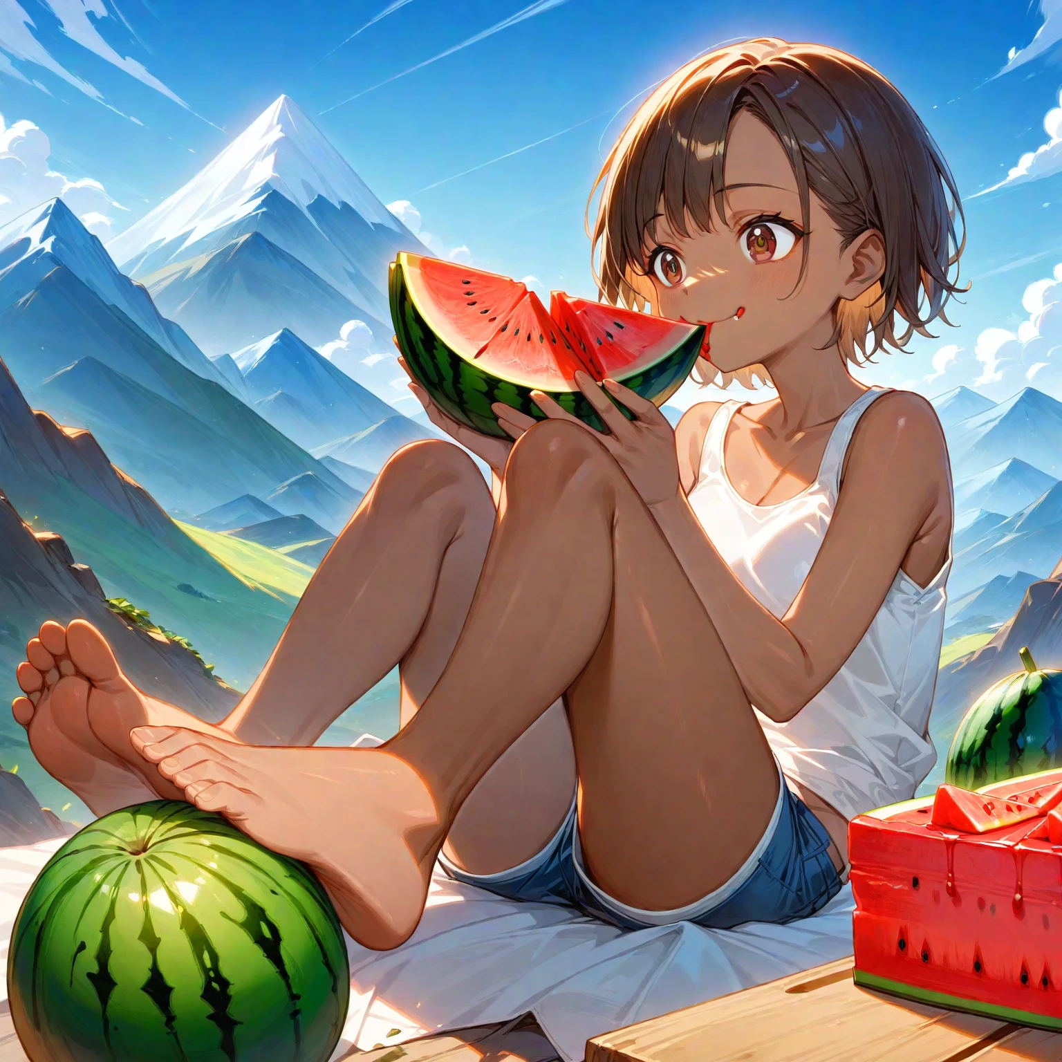 score_9, score_8_up, score_7_up,score_5_up, score_4_up, masterpiece, best quality, source_anime, high res image, masterpiece, best quality, 1 girl, Brown skin, shiny hair, ultra detailed eyes, eye highlights, short hair, black hair, brown eyes, white tank top, short shorts, smile,foot focus、 (eating watermelon:1.1), holding watermelon with both hands, verandah, sitting, Mountain in the distance 