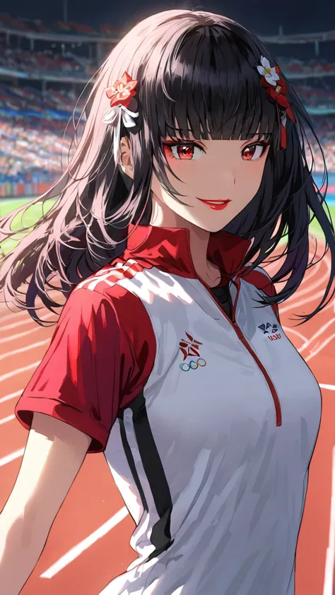 highest quality、masterpiece、1 girl, running track background、black hair :1.5、red eyes 、red lips, olympics uniform 、black and whi...