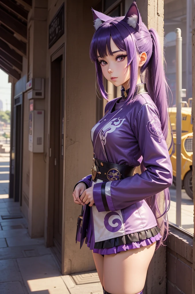 anime girl, purple cat ears, by the wide, nice clothes, güvez style, 4K clarity, pop gas station, ancient architecture, seductive girl, attractive, Genshin Ker, animated style, 8k, beautiful anime woman, girl&#39;s forehead.