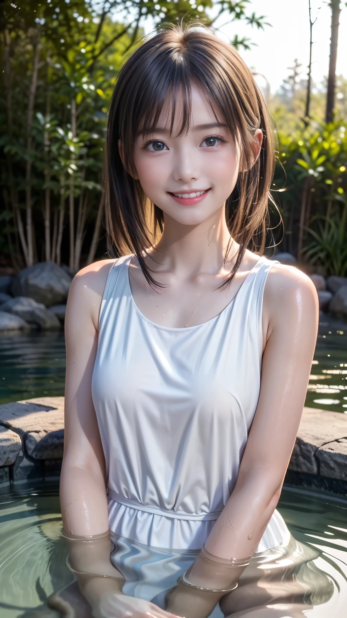 ((14 year old beautiful girl)), very cute, Great face and eyes, (Beautiful lovely smile, Baby Face:1.5), (Very detailed美しい顔), Bright and shiny lips, Sexy look, Keep staring at me, ((Immerse yourself in water up to your shoulders:1.3)), Small breasts, Slender body line, Smooth, wet skin, Narrow waist, so beautiful, Charm, (Highest quality:1.4), (super high quality), (Very detailed), (Ultra-realistic, Photorealistic:1.37), Real skin texture, Intricate details, Very detailed CG 統合 8k 壁紙, RAW Photos, Professional photography, Cinema Lighting, (Enter the hot spring), ((Hot water spring, Open-air bath, forest, forest, sunset)), (Detailed hands:1.2)