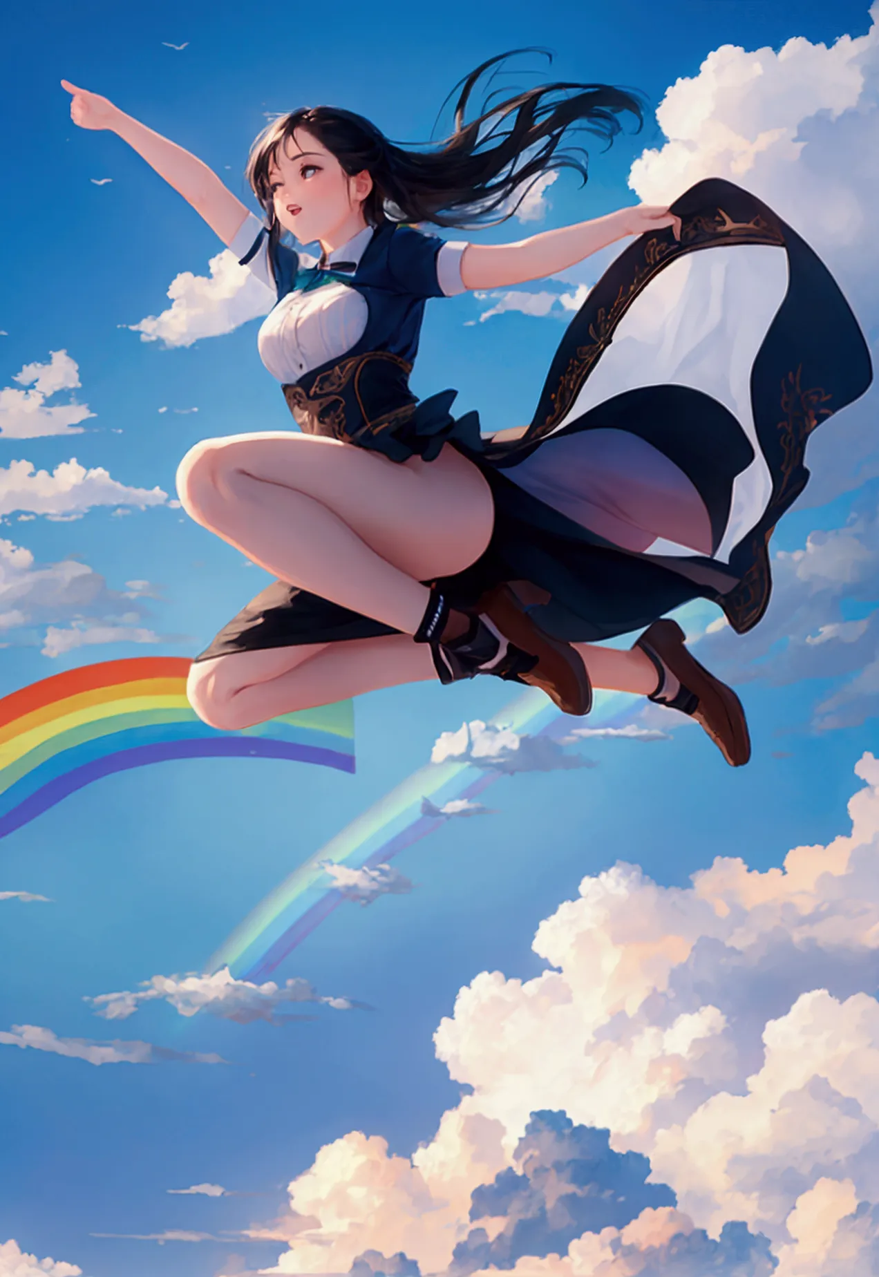 A woman jumping towards a rainbow sky