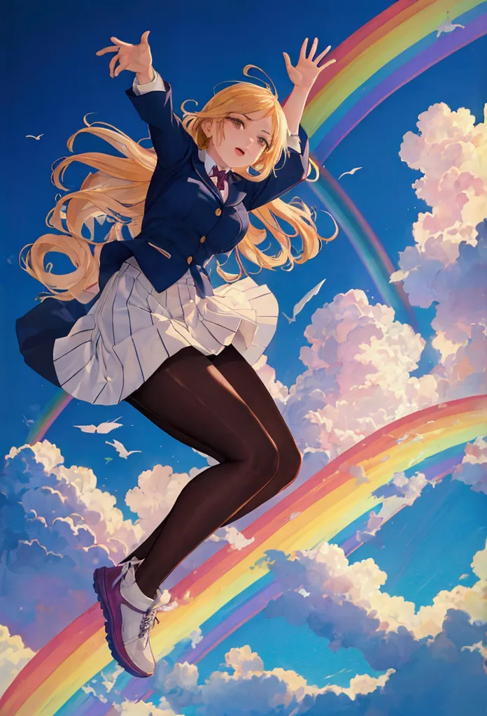 A woman jumping towards a rainbow sky