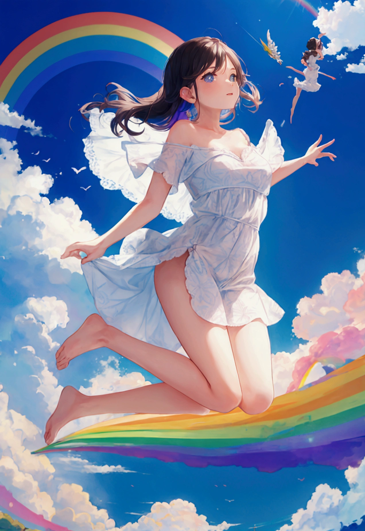 Femme sautant dans le ciel arc-en-ciel