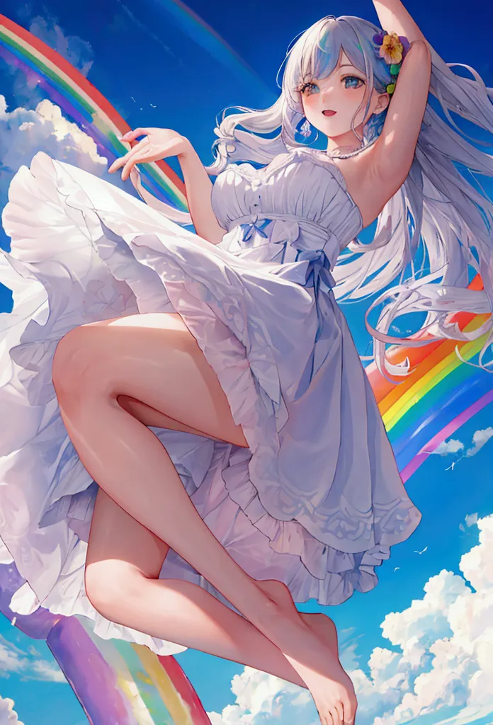 Woman jumping into the rainbow sky