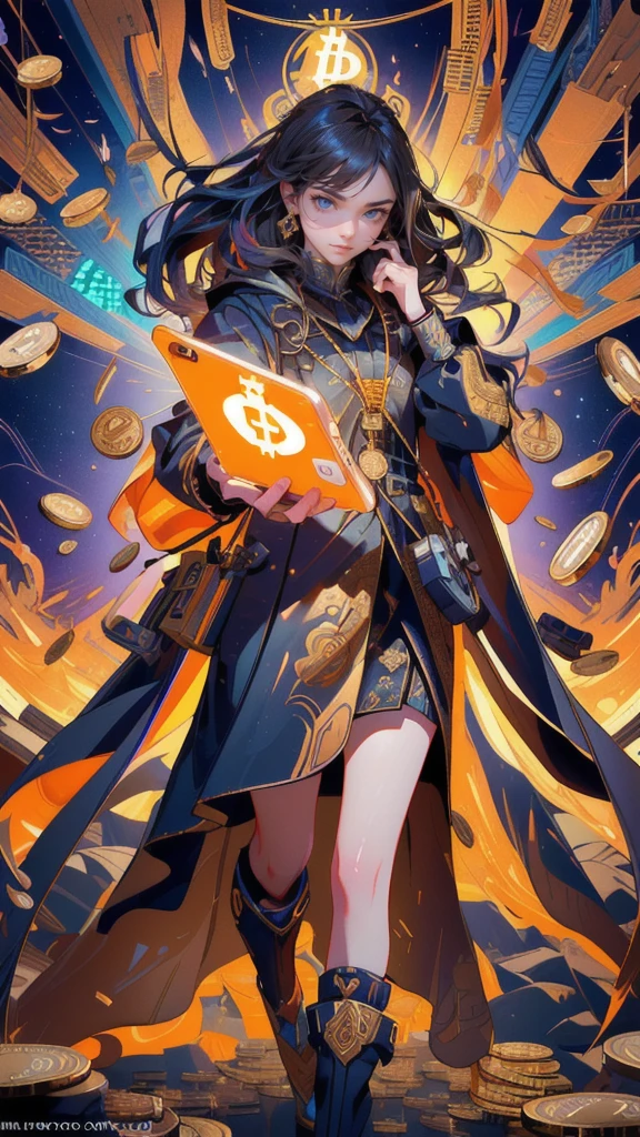 cartoon of a girl  with a phone in her hand surrounded by coins, 4 2 0 0 k, illustration daily deviation, bitcoin evil, 4 0 0 0 k, an epic majestical degen trader, technological anguish, official artwork, typical cryptocurrency nerd, 4800k, (digital art), album art