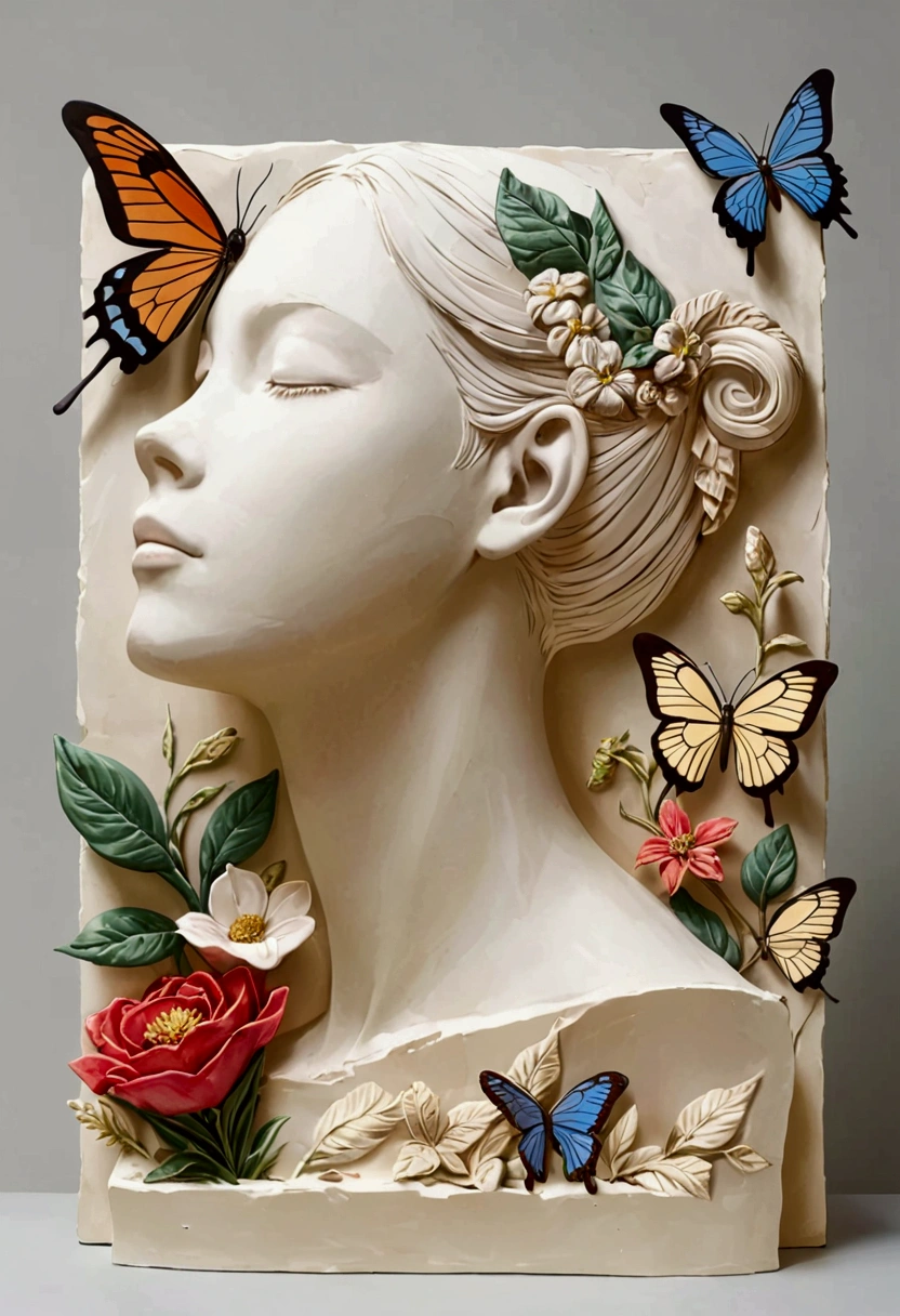 Profile plaster portrait - head up，bird、Butterfly、Plants and flowers。