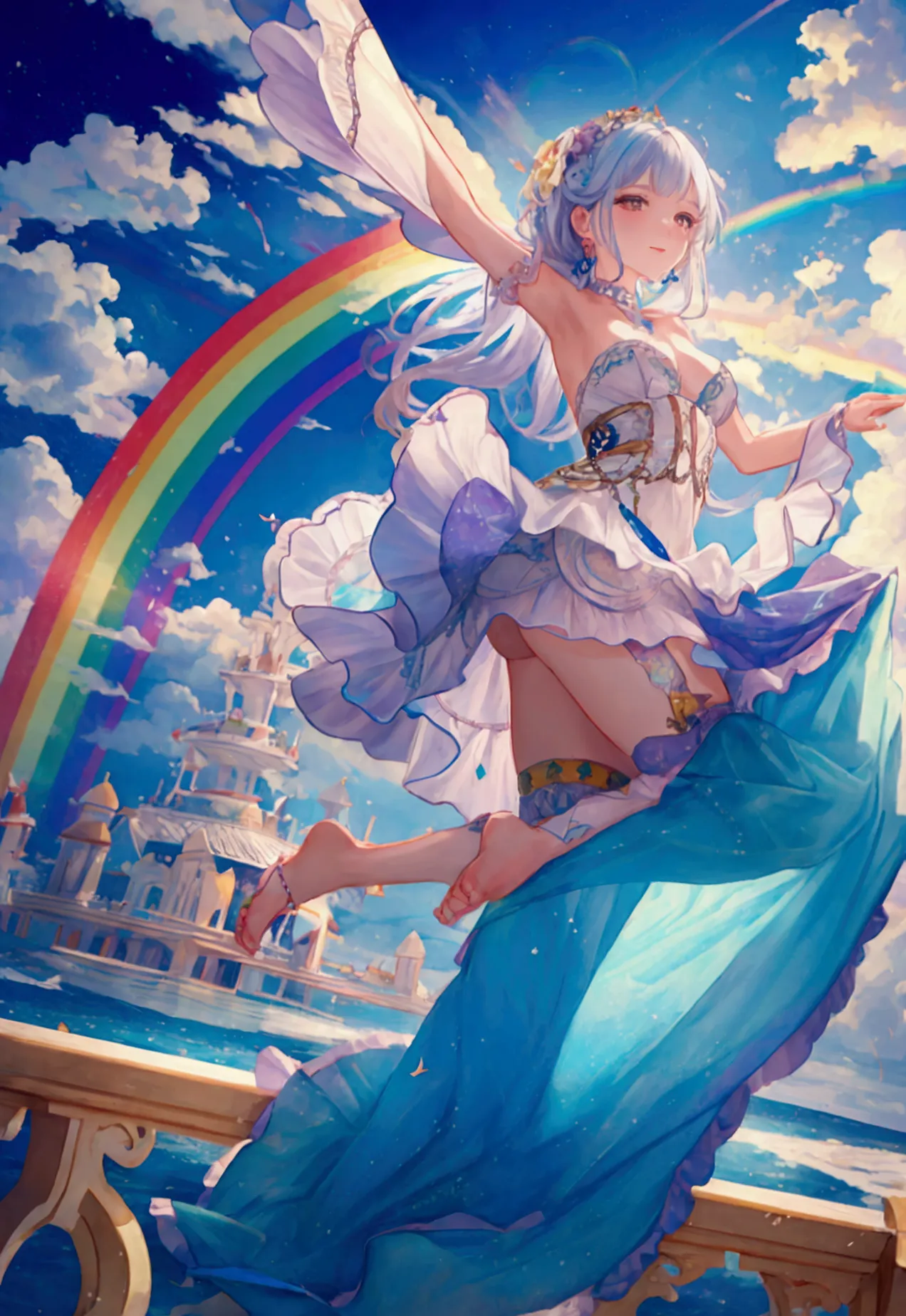 Woman jumping into the rainbow sky