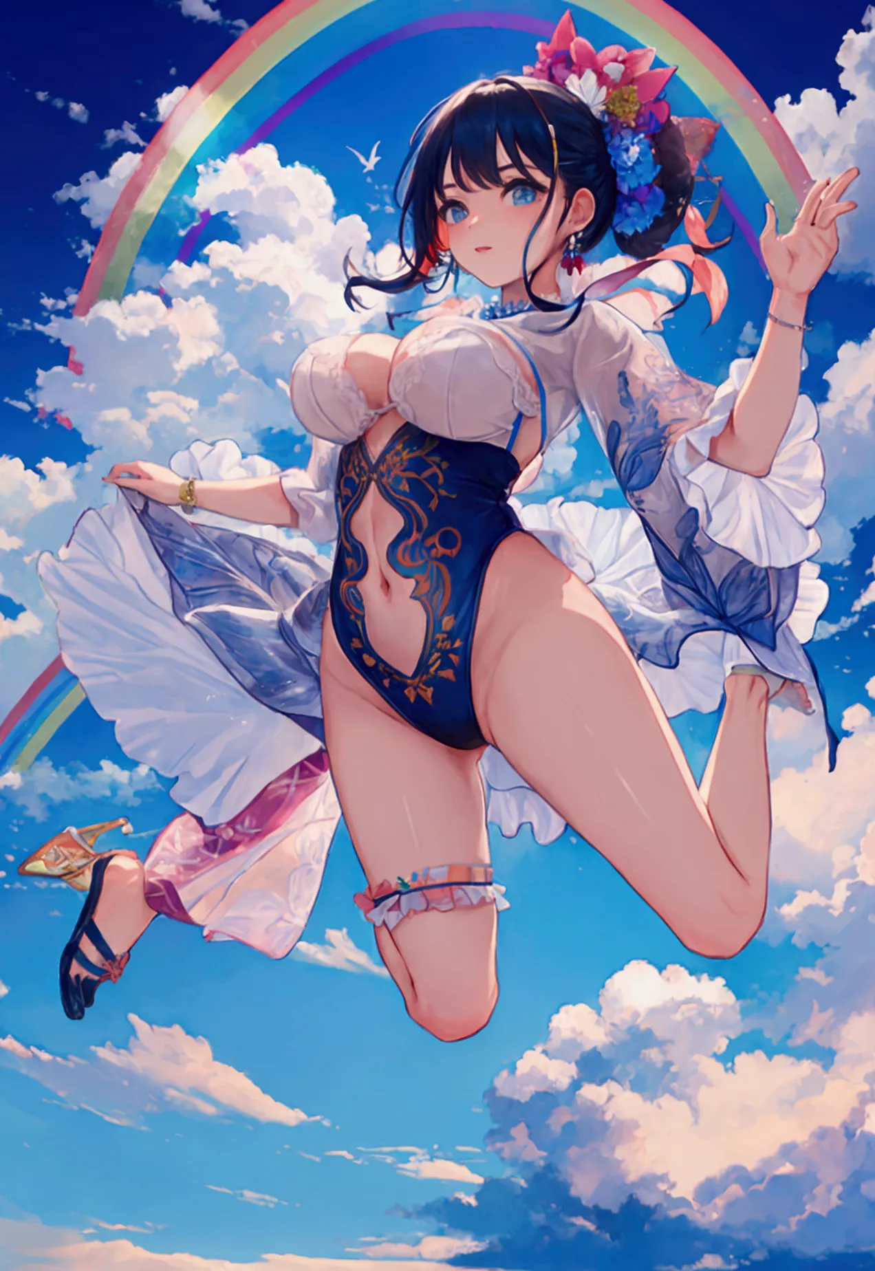 Woman jumping into the rainbow sky