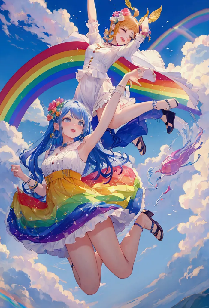 Woman jumping into the rainbow sky