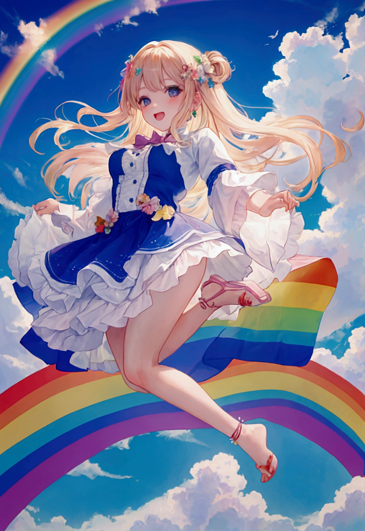 Girl jumping in the rainbow sky