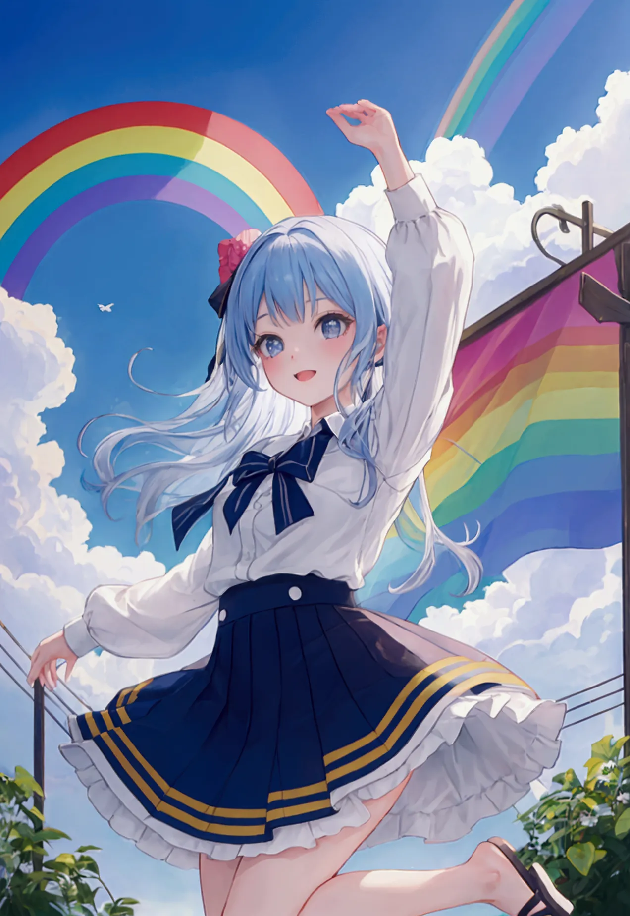 Girl jumping in the rainbow sky