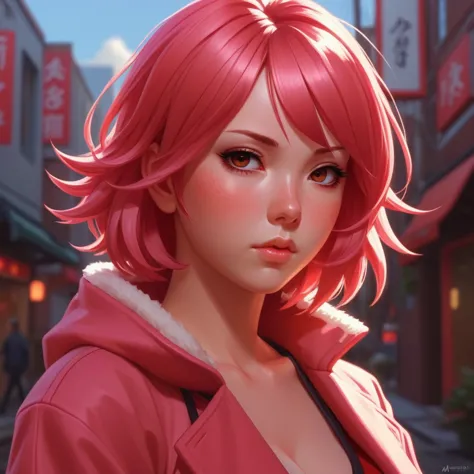 sakura haruno, seductive, ((to show your forehead)), attractive, sexy eyes, red coat, pinkies hair, sensitive, young, shorth hai...