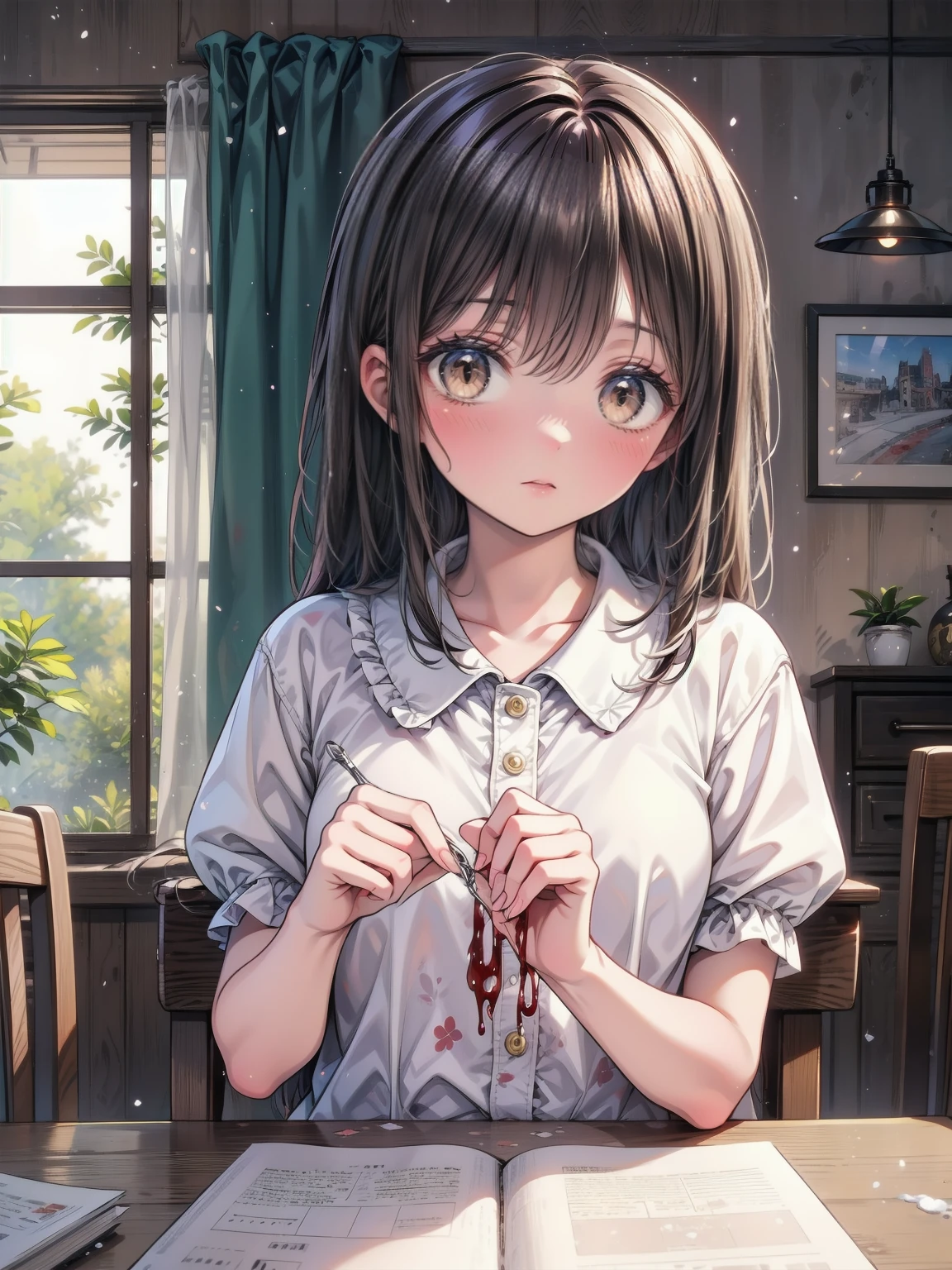 Absurd, High resolution、 ((Tabletop)), ((Highest quality)), (Very detailedな), ((Very detailed)), (beautiful), ((pretty girl)), (NFSW:1.8), alone,(10 years old:1.6)、(world&#39;The most terrifying and creepy demon girl:1.5)beautiful face、Whole Body Ezbian、pale, Clear Skin、beautiful黒の髪、Smiling Kindly、Dark building ruins、(snow white&#39;Frill dress:1.3)、(The dark ruins are stained with blood:1.3)、Low angle full body shot、(Girl standing in a pool of blood:1.5)、(The ground is full of blood:1.3)、(The girl lost a lot of blood..:1.3)、)、(Crazy Smile:1.6)、Spirits、(Blood dripping from the mouth:1.3)