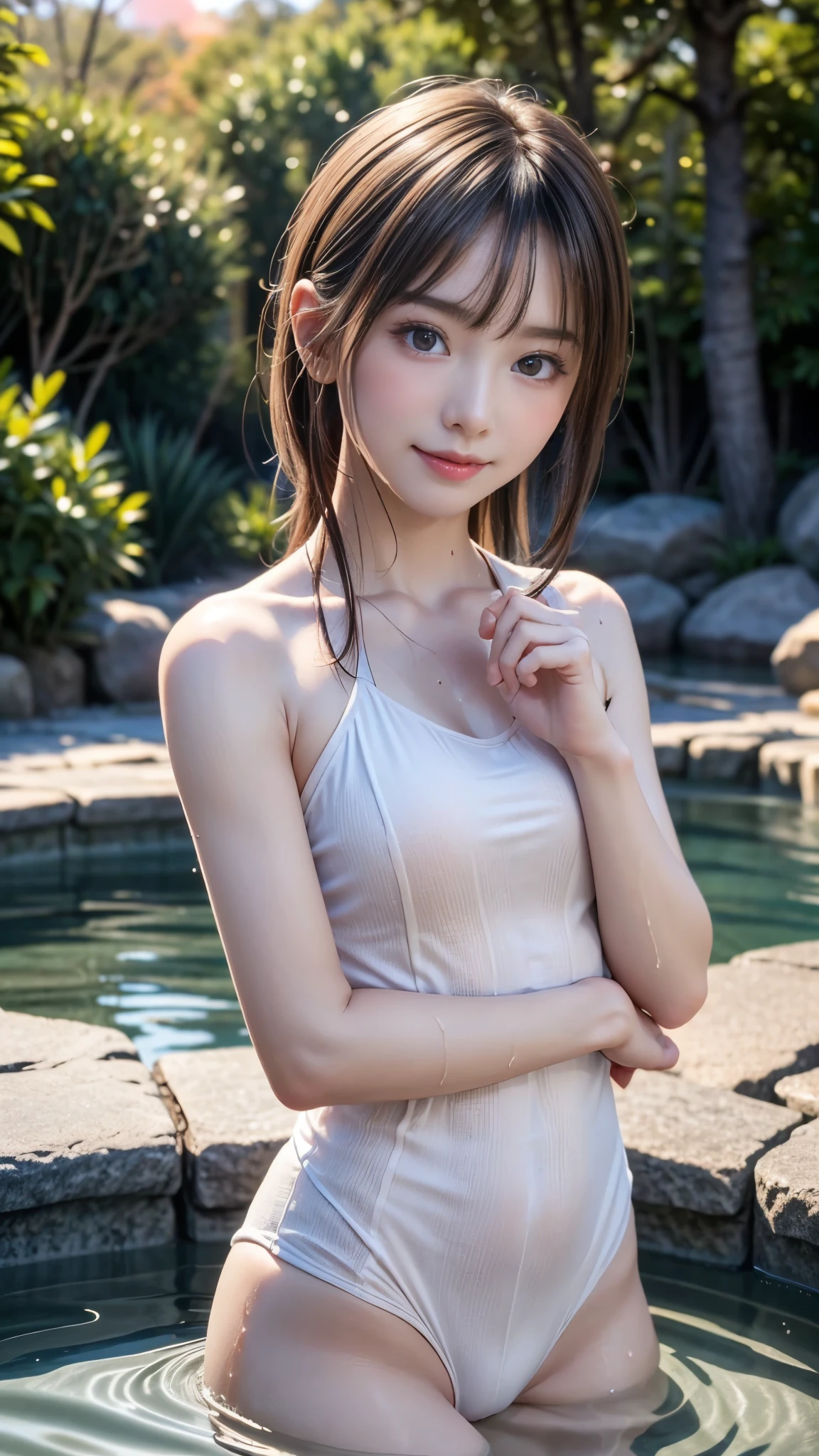 ((14-year-old beautiful girls are in the hot spring)), very cute, (Great face and eyes:1.2), (A refreshing look:1.2, Baby Face:1.5), (Very detailed美しい顔), Bright and shiny lips, Sexy look, Keep staring at me, ((In the nude:1.3, Immerse yourself in water up to your shoulders:1.3)), Small breasts, Slender body line, Smooth, wet skin, Narrow waist, so beautiful, Charm, (Highest quality:1.4), (super high quality), (Very detailed), (Ultra-realistic, Photorealistic:1.37), Real skin texture, Intricate details, Very detailed CG 統合 8k 壁紙, RAW Photos, Professional photography, Cinema Lighting, (Enter the hot spring), ((Hot water spring, Open-air bath, forest, forest, sunset)), (Detailed hands:1.2)