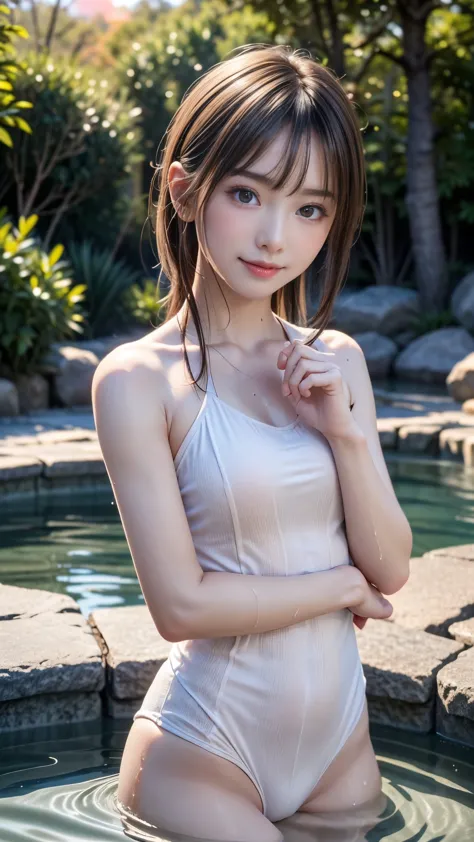 ((14-year-old beautiful girls are in the hot spring)), very cute, (great face and eyes:1.2), (a refreshing look:1.2, baby face:1...