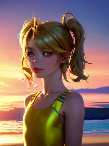 A beautiful girl in a yellow swimsuit, standing alone on a sandy beach, her long blonde hair tied in twin tails, (best quality,4k,8k,highres,masterpiece:1.2),ultra-detailed,(realistic,photorealistic,photo-realistic:1.37),detailed face and eyes,detailed hair, beach scenery, golden hour lighting, vivid colors, serene atmosphere