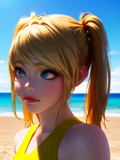 a beautiful girl in a yellow swimsuit, standing alone on a sandy beach, her long blonde hair tied in twin tails, (best quality,4...