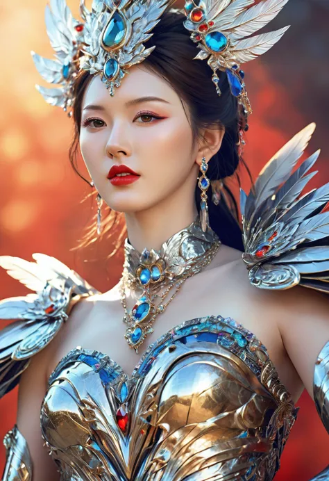Beautiful Korean idol girl, (fractal art:1.3), (colorful colors), highest detailed, 1girl, huge breasts, (crystal feather armor)...