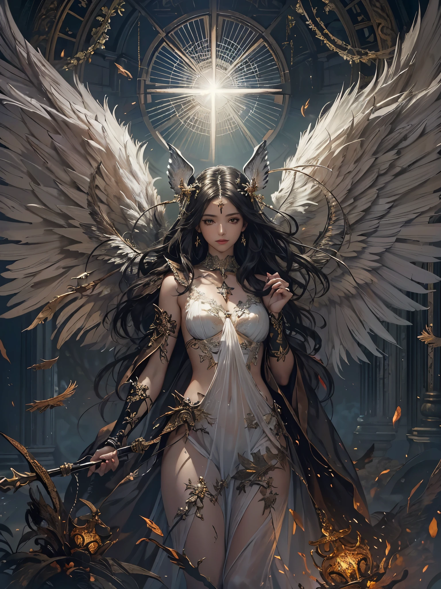 ((Highest quality)),(Ultra-high resolution),(Super detailed),(Detailed Description),((The best CG)),(masterpiece),Highly detailed art,(Art with precise detail:1.5), (Female fallen angel:1.4),(A dull glowing angel halo:1.6),(Blackened angel wings:1.6),(Shabby Angel&#39;s Clothes:1.4),(Determined red eyes:1.3), (A legend born in defiance of the gods:1.5), There is nothing to lose:1.4, Fight for love:1.6, Twinkling Constellations:1.6, wander:1.3,