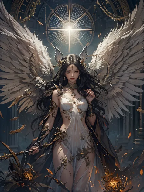 ((Highest quality)),(Ultra-high resolution),(Super detailed),(Detailed Description),((The best CG)),(masterpiece),Highly detailed art,(Art with precise detail:1.5), (Female fallen angel:1.4),(A dull glowing angel halo:1.6),(Blackened angel wings:1.6),(Shabby Angel&#39;s Clothes:1.4),(Determined red eyes:1.3), (A legend born in defiance of the gods:1.5), There is nothing to lose:1.4, Fight for love:1.6, Twinkling Constellations:1.6, wander:1.3,