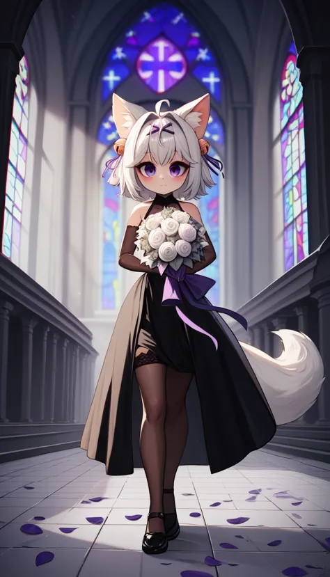 uhd, masterpiece, best quality, moody atmosphere, midnight, church, 1girl, tall, solo, filian, fluffy fox tail, tail pointing do...