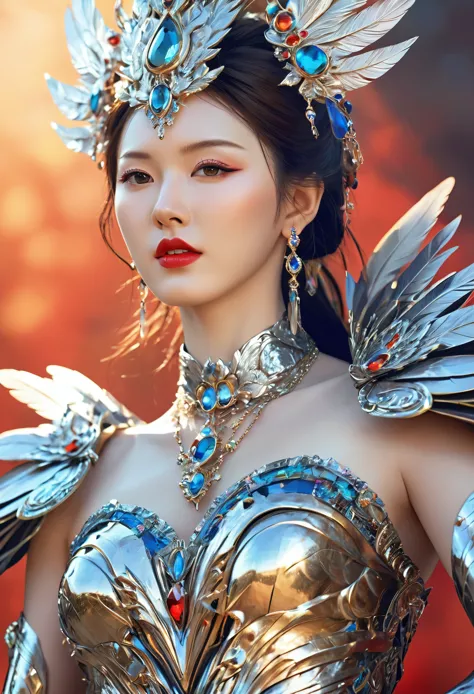 Beautiful Korean idol girl, (fractal art:1.3), (colorful colors), highest detailed, 1girl, huge breasts, (crystal feather armor)...