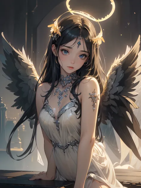 ((Highest quality)),(Ultra-high resolution),(Super detailed),(Detailed Description),((The best CG)),(masterpiece),Highly detailed art,(Art with precise detail:1.5), (Female fallen angel:1.4),(A dull glowing angel halo:1.6),(Blackened angel wings:1.6),(Shabby Angel&#39;s Clothes:1.4),(Determined red eyes:1.3), (A legend born in defiance of the gods:1.5), There is nothing to lose:1.4, Fight for love:1.6, Twinkling Constellations:1.6, wander:1.3,