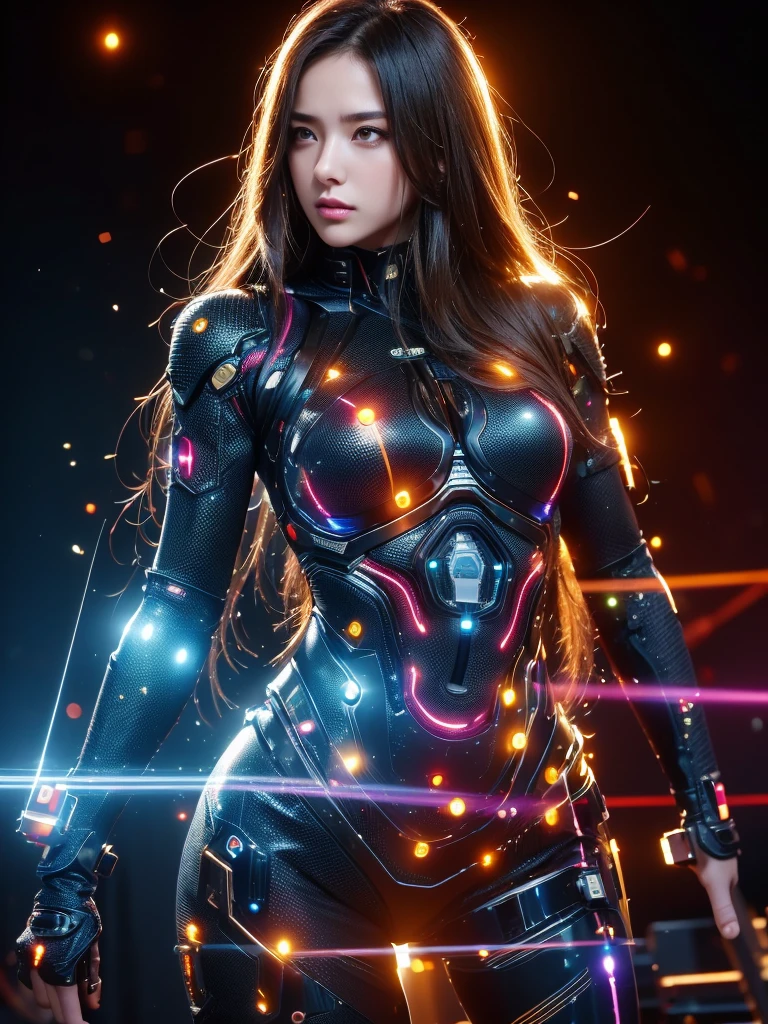 Ultra-Realistic Capture,18k,RAW Photos,Highest quality,masterpiece,reality,Very detailed,Very beautiful woman,Detailed face,Glowing Skin,rainbow,Automata,cyber punk,18-year-old ,Model body type,slim,Large number of LEDs,Clothes made of light particles,Rainbow Skin,Implanted electronic devices,Very detailedな電子機器,Many connecting lines,Very long hair,Large Breasts,Acrobatics,((Middle finger:1.5)),Black background,neon,Looking down,Angry expression,