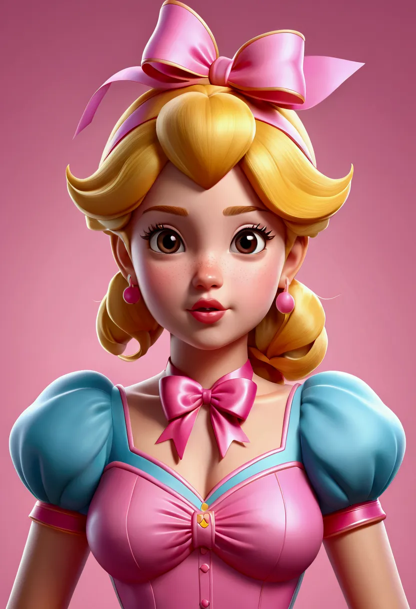 cartoon girl with blonde hair and pink ribbon on her chest, 3d icon for mobile games, high detail of an iconic character., cute ...