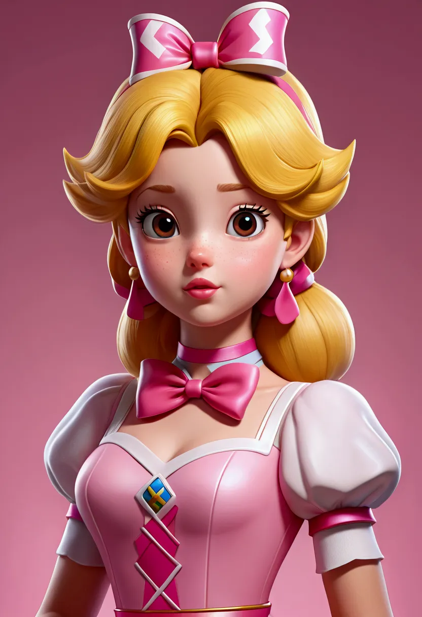 cartoon girl with blonde hair and pink ribbon on her chest, 3d icon for mobile games, high detail of an iconic character., cute ...