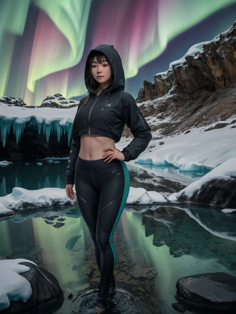 1girl, solo, full body and pose, in the cave, stand in the water,
(night:1.2), Antarctic background,winter,Farmland,aurora,
(long, flowing hair and horsetail:1.1),
(short hooded jacket, yoga pants),
(Straight breasts:1.1),medium breasts,
(a 18 years old Village girl),best quality, 8K, HDR, highres, absurdres:1.2,sharp focus:1.3, ,Photography,RAW photo, photorealistic, masterpiece, best quality, ultra high res, super_detail, hyper_detail, finely_detailed,