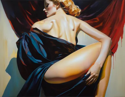 dramatic lighting, chiaroscuro, evocative depth, chiaroscuro technique on sensual illustration of an elegant 1980s woman, vintag...