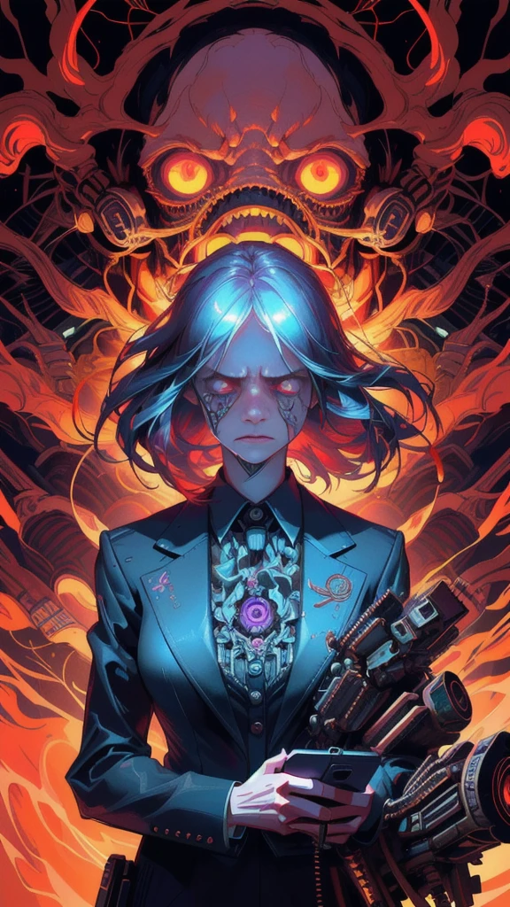 arafed image of a girl in a suit with a cell phone in her  hand, illustration daily deviation,, anger. hyper detailed, technological anguish, horrific digital art, anxious. highly detailed, digital horror artwork, personification of greed, personal computer horror, dan mumford. octane render, horror illustration