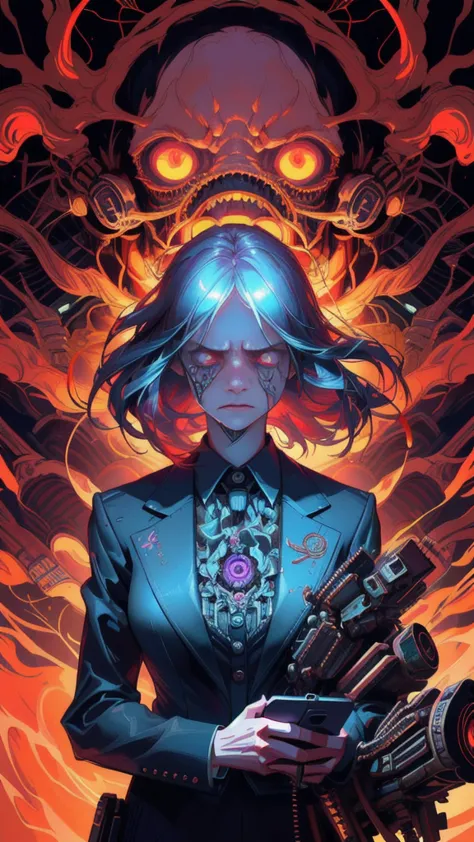 arafed image of a girl in a suit with a cell phone in her  hand, illustration daily deviation,, anger. hyper detailed, technolog...