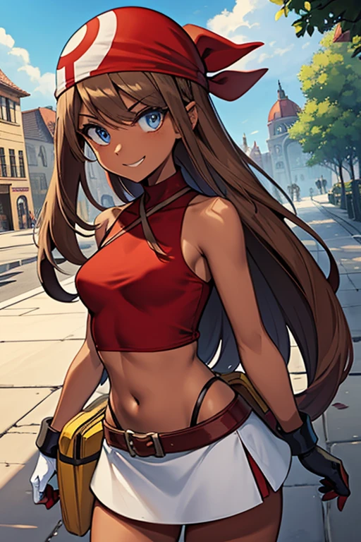 adult_may_from_pokemon, dark tanned skin, (full_red_high_neck_halter_top | bare shoulders | Neckholder), (red_bandana), (short_White_skirt), small_midriff, (long wavy hair | very long hair | Brown hair), ( yellow_Fanny fanny_Pack_on_left_side), gloves, blue eyes, motivated, devilish, villain, hchallenging_smile, Nature, town_in_background, slim, feminine, highly resolutiAn, 8k, Cowboy-shot