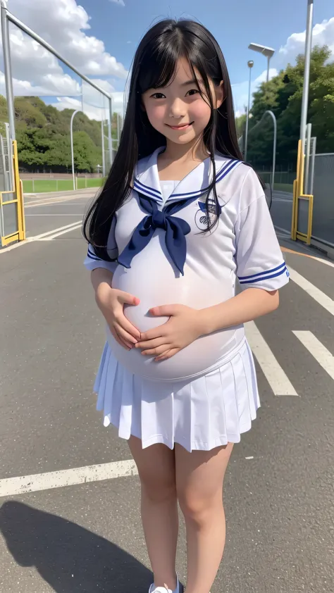 (RAW photograph, Highest quality), (standing at school gate:1.6),(Realistic),(20-year-old body:1.9),(very young face:1.4),(Are pregnant),(Big belly:1:1),photograph, Highest quality ,masterpiece, Very delicate and beautiful, Very detailedな顔 , In detail, masterpiece, Highest quality, Very detailedな, High resolution, Very detailed, whole body, (8-year-old:1.6)、Very detailedな顔、Private Junior High School、smile、cute, Sharp pupils,Childish ,cute,Innocent, Sailor suit、Long Hair,Black Hair,Very detailed,Huge breasts , Very heavy chest , Super big breasts,Long cleavage , Plump, Round Breasts ,