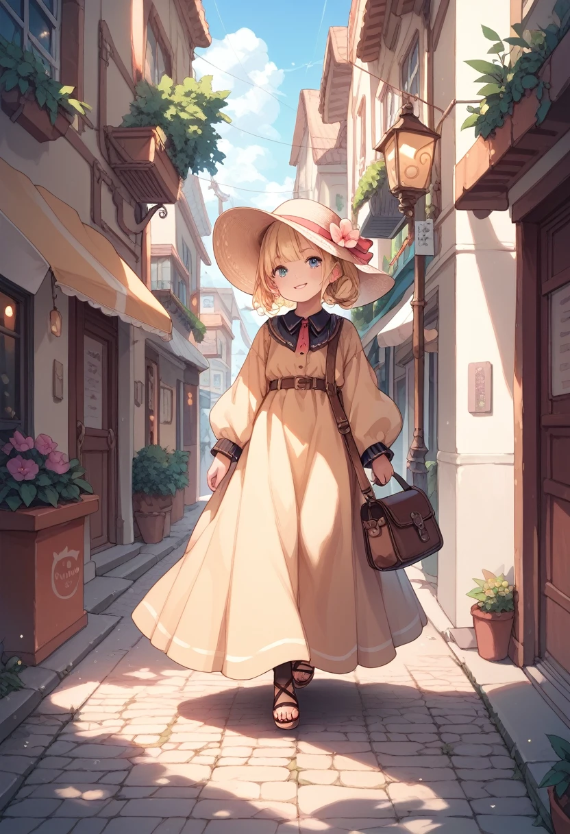 White,Blonde,semi-long,hat,black  long dress ,Residential Street,Walking,There&#39;s a car in front of me