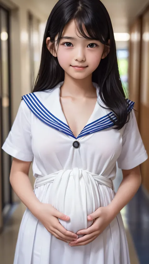 (RAW photograph, Highest quality), (School corridor:1.6),(Realistic),(20-year-old body:1.9),(very young face:1.4),(Are pregnant),(Big belly:1:1),photograph, Highest quality ,masterpiece, Very delicate and beautiful, Very detailedな顔 , In detail, masterpiece, Highest quality, Very detailedな, High resolution, Very detailed, whole body, (8-year-old:1.6)、Very detailedな顔、Private Junior High School、smile、cute, Sharp pupils,Childish ,cute,Innocent, Sailor suit、Long Hair,Black Hair,Very detailed,Huge breasts , Very heavy chest , Super big breasts,Long cleavage , Plump, Round Breasts ,