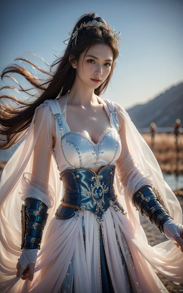 masterpiece，Best quality，high resolution，8K，((portrait))，(Head close-up)，original photo，real picture，Digital Photography，(medieval fantasy style的女性冒险者)，(Female adventurer of the Middle Ages)，18 years old Korean female，(Dark blue gradient hair)，Short white hair，Red Eyes，(White gray gradient long hair，White)，(Large Breasts)，Luxurious decoration，Open lips，Keep your mouth smooth and attractive，((frown))，Serious and arrogant，Calm and handsome，(Medieval leather in a dreamy style，Combined Armor，cloak，Animal Leather Armor，coat)，Photo poses，medieval fantasy style，Night city background，oc render reflection texture