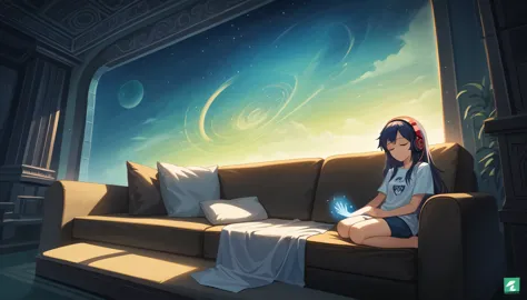 a woman with headphones on is sleeping comfortably on a sofa at night, wide-angle lens, lofi anime, illustration of rofi, aesthe...