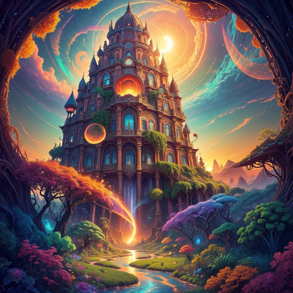 Create a vibrant and otherworldly painting that immerses the viewer in an Aztec-inspired realm. Picture a dense, fantastical forest teeming with an astonishing variety of vivid vegetation, while the murmuring rivers wind their way through this lush paradise. In the distance, majestic mountains rise against the horizon. Amid this surreal landscape, technicolor Aztec pyramids emerge, adorned with mesmerizing fractals and spirals that seem to pulse with energy. The sun, its light comprising 16k saturated and vibrant colors, hangs in the sky, casting an ethereal radiance upon the entire scene. Bring to life the intense saturation, the mesmerizing intricacy of fractals, and the sense of stepping into a vivid, dreamlike world where reality blends with the extraordinary.