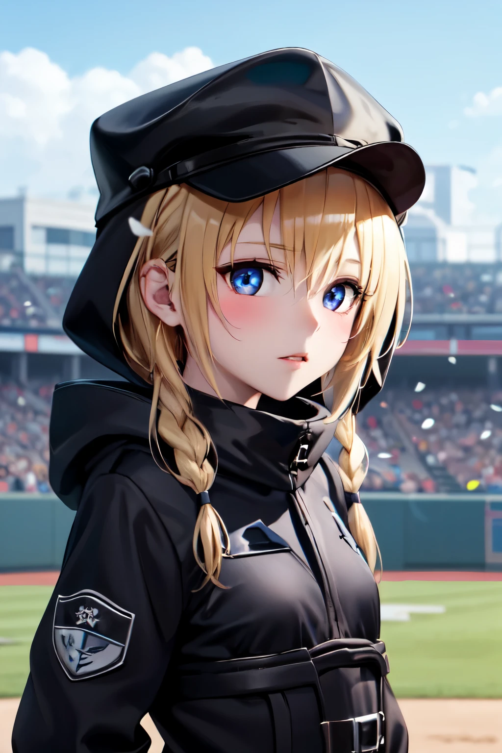 the girl with by rubio with a red top and black jacket is staring at the camera, 1 girl, Alone, braid, by rubio, has, blue eyes, baseball cap, by the wide, Upper part of the body, petals, blush, old, hood, looking at the viewer, jacket, black hats, hits