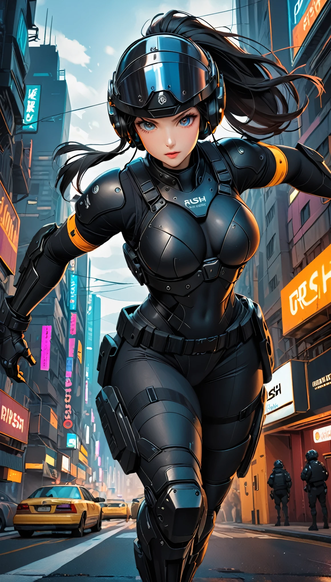 (masterpiece:1.2,Highest quality,Highest quality,Very detailed:1.2),8k,wallpaper,(One Woman),(Future female SWAT team members),(((Rush:1.6))),(Extremely form fitting black tactical body armor),(Tactical Headset),(Tactical Gloves),(Tactical Helmet),BREAK(Severe),(ponytail),(Black Hair),(Beautiful Face),(Beautiful Eyes),(Beautiful Eyes),(Very detailedな顔),(Very detailedな女性の手),(Muscular),(sexy),(Big Breasts),(Thick thighs),(Beautiful body),(The background is the neon streets of a future city:1.6),(cyber punk:1.6),(((Hand,detailed,perfect,perfection,hands))),(Beautiful female hands),(Accurate hand drawing),(dynamic:1.6),(action shot)