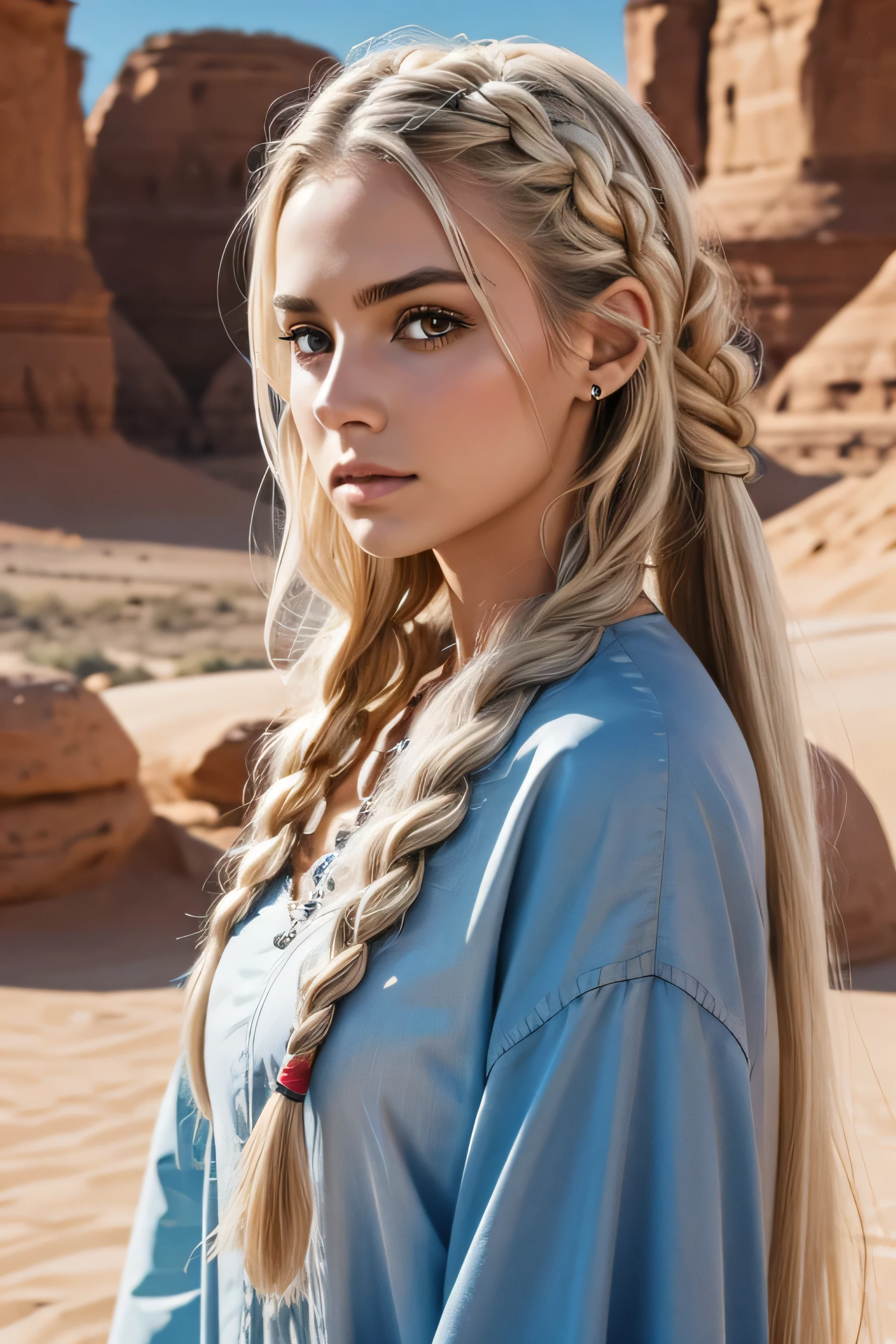 1 female, long white hair, braided hair, wearing a caftan, ugly face, 25 years old, desert background, absurdres, high res, ultrasharp, 8K, masterpiece, the image should be of absurd resolution and high detail. It should be ultra-sharp and available in 8K resolution, representing a masterpiece in image quality.