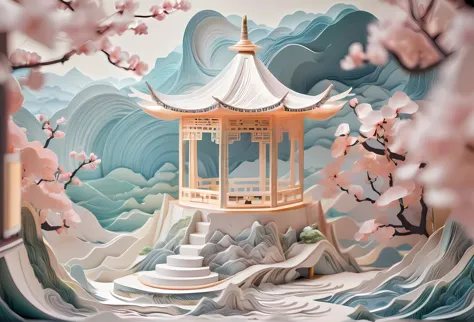 there is a paper cut of a pagoda in the middle of a mountain, pop japonisme 3 d ultra detailed, digital painting of a pagoda, japonisme 3 d 8 k ultra detailed, background depicting a temple, layered paper art, paper modeling art, intricate 3 d illustration, with ancient chinese aesthetic, paper art, scenery art detailed, oriental wallpaper